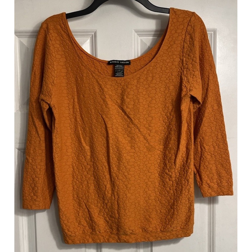 Orange Textured Top Maurice Sasson Scoop Neck 3/4 Sleeve Pullover Sz Large